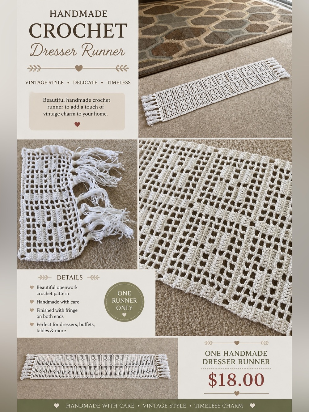 Vintage White Handmade Crochet Dresser Table Runner with Fringe